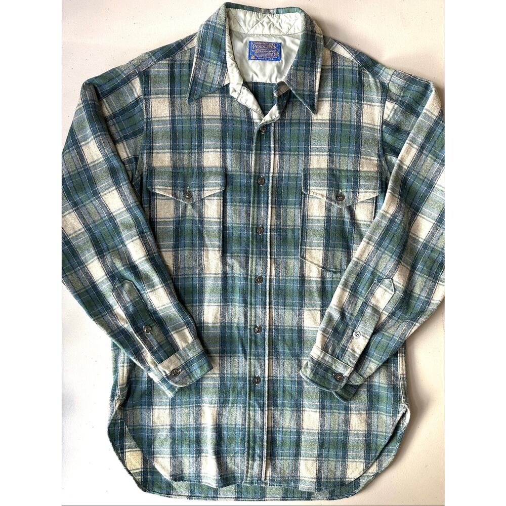 Pendleton Wool Flannel Shirt Mens Size 15 1/2 Blue Green Plaid Made in USA 70s